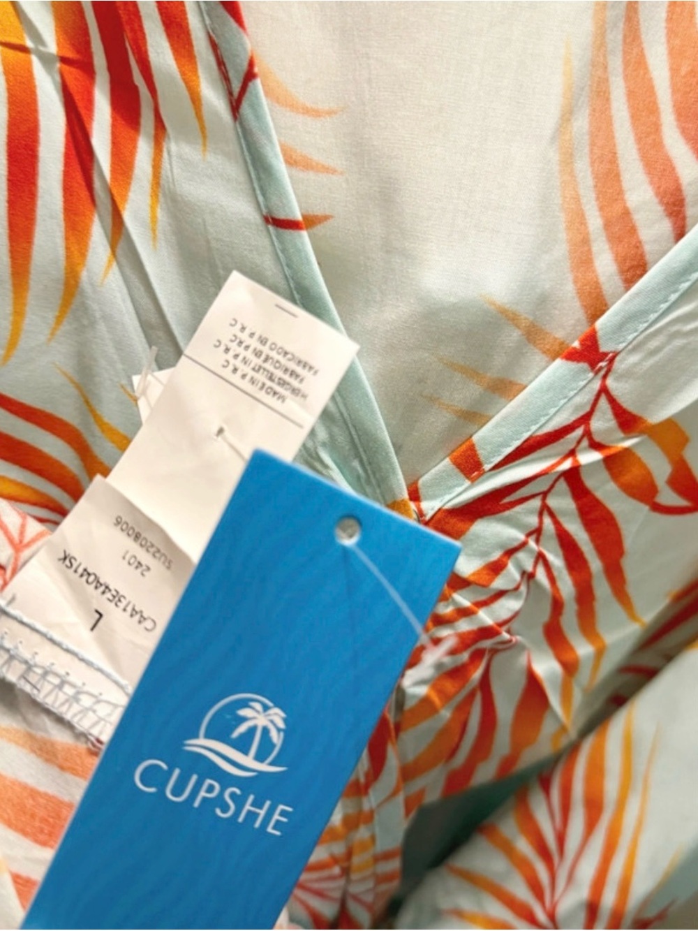 Cupshe Light Blue Wrap Dress with Orange Palm Leaf Print - Picture 3 of 3